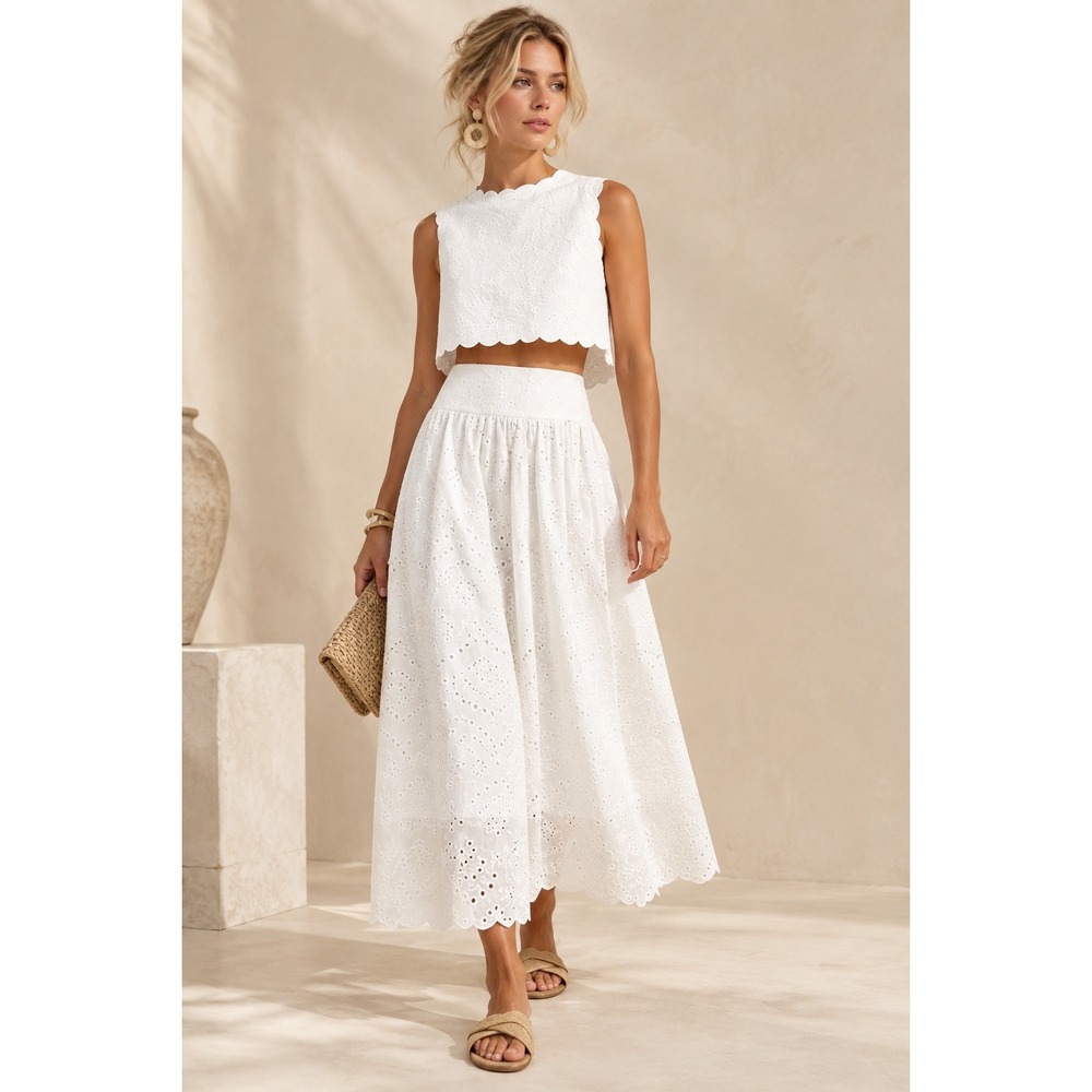 White Eyelet Scalloped Two Piece Maxi Set Romantic Resort Coastal Quiet Luxury